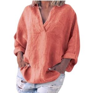 Uniqlo Coral V-Neck Linen Blend Blouse